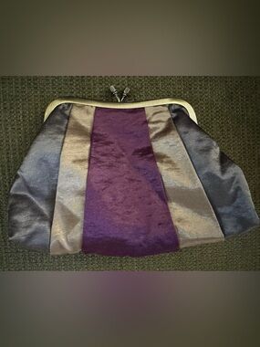 Striped Velvet Frame Clutch in Purple and Gray